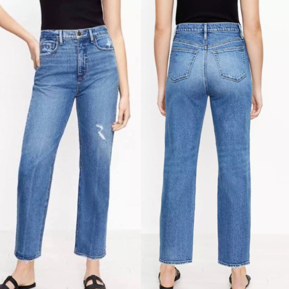 NEW LOFT The 90s Straight Ankle Distressed Women’s Jean Indigo Wash Size 24 - Picture 2 of 13